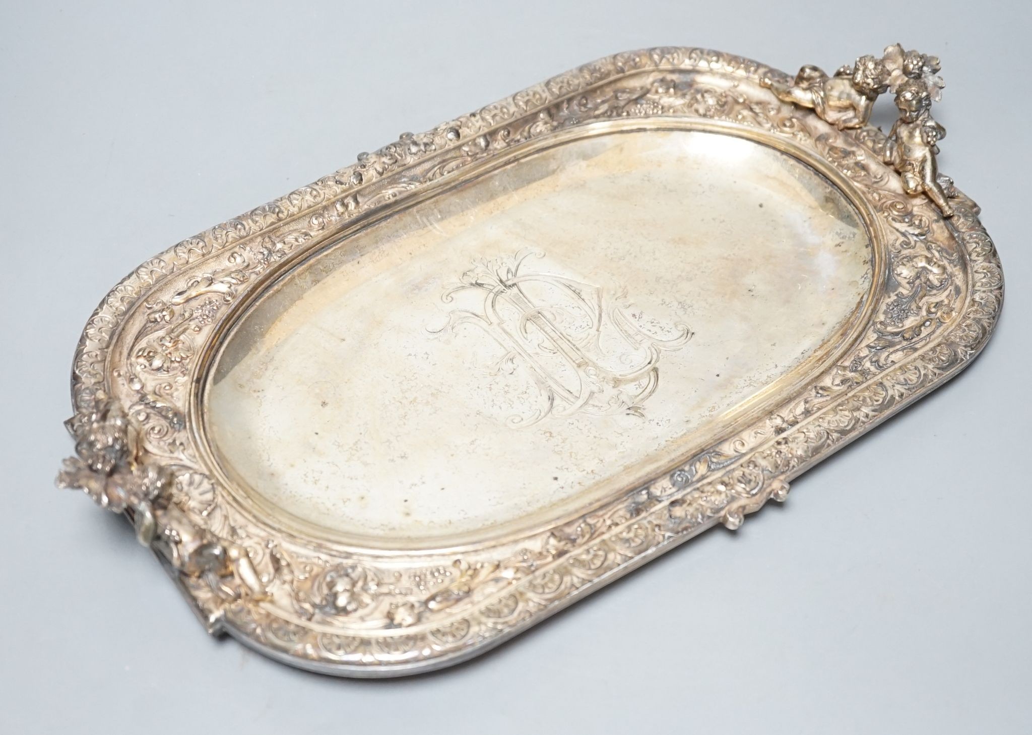 A Victorian cherub handled plated tray 40cm